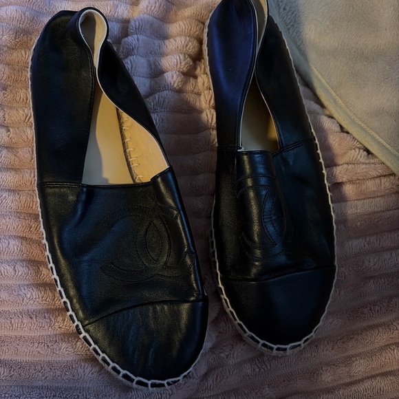 CHANEL Black Leather Espadrilles